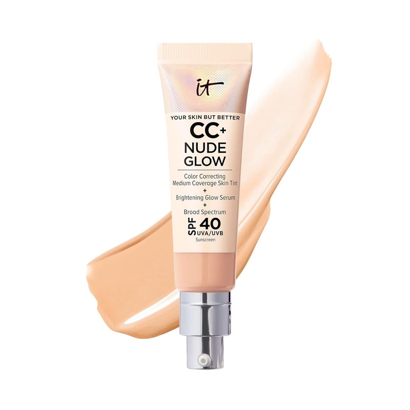 أساس خفيف الوزن IT Cosmetics CC+ Nude Glow + سيروم توهج مع SPF 40 - مع النياسيناميد، حمض الهيالورونيك ومستخلص الشاي الأخضر - 1.08 أونصة سائلة