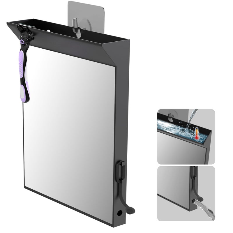 saiggnyy Wall Mount Anti Fog Mirror for Shower,Large Black Mirror for Bathroom,Hot Water Powered Defogging Shower Mirrors for Shaving for Women Makeup,Heated Makeup Mirror Hanging with Hook - Image 1