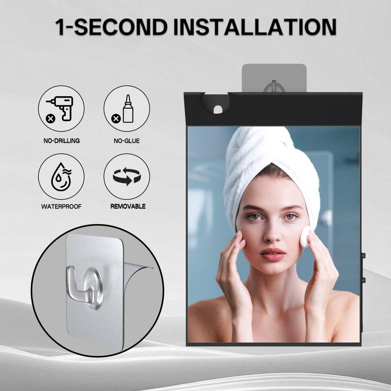 saiggnyy Wall Mount Anti Fog Mirror for Shower,Large Black Mirror for Bathroom,Hot Water Powered Defogging Shower Mirrors for Shaving for Women Makeup,Heated Makeup Mirror Hanging with Hook - Image 5
