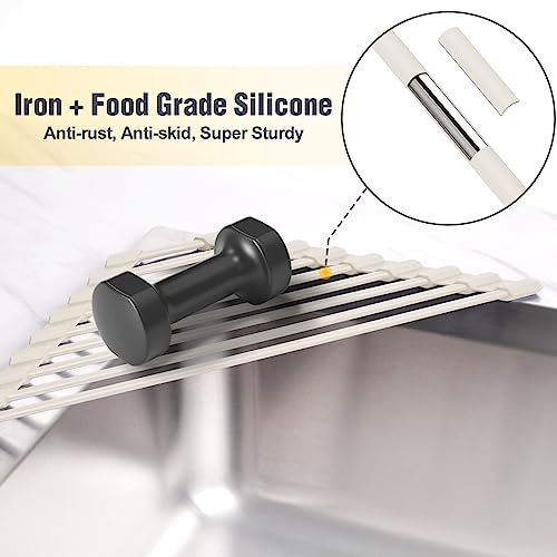 Tomorotec Compact Silicone-Coated Triangle Dish Drying Rack for Sink Corner - Foldable Stainless Steel Over-The-Sink Organizer and Storage Shelf(Cream Color) - Image 3