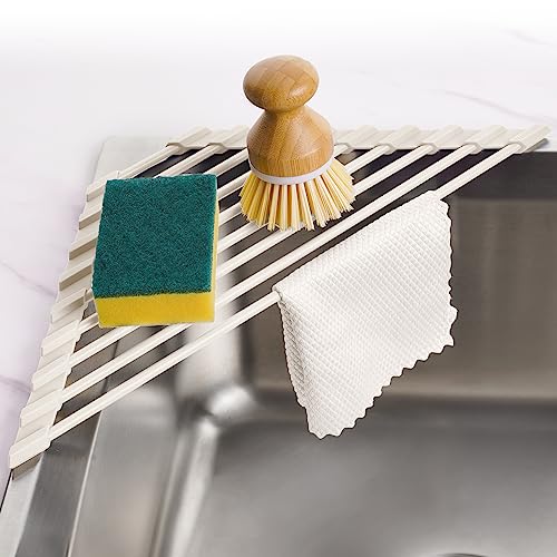 Tomorotec Compact Silicone-Coated Triangle Dish Drying Rack for Sink Corner - Foldable Stainless Steel Over-The-Sink Organizer and Storage Shelf(Cream Color) - Image 1