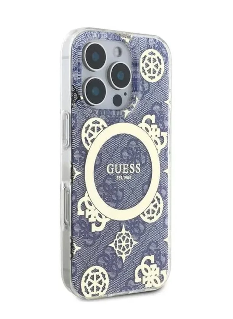 GUESS iPhone 16 Pro Max Magsafe Case IML 4G Design Hard Back Cover With Peony / Comfortable and Secure Grip / Easy Snap-On / Accurate Cutouts - Blue