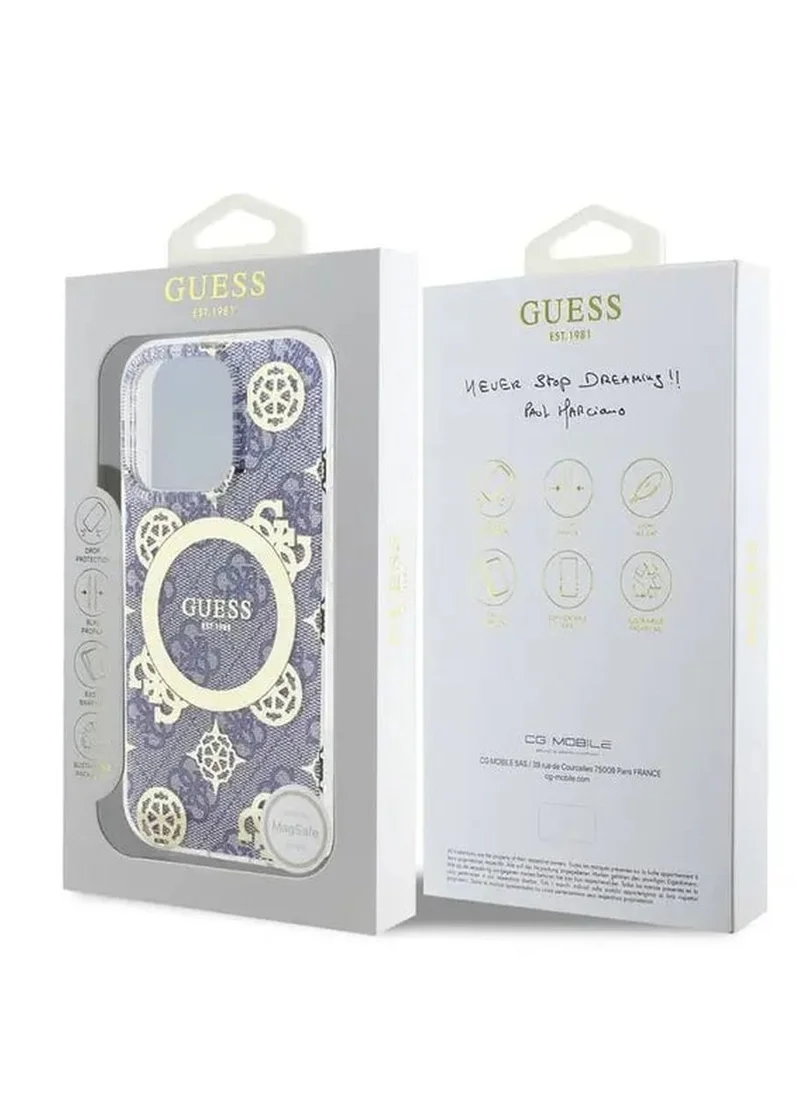 GUESS iPhone 16 Pro Max Magsafe Case IML 4G Design Hard Back Cover With Peony / Comfortable and Secure Grip / Easy Snap-On / Accurate Cutouts - Blue