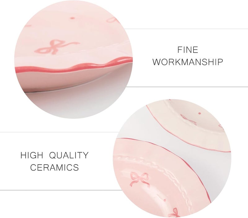 JarThenaAMCS 2Pcs Pink Bow Ceramic Dish White Pink Bow Tie Dinner Plates Cute Coquette Salad Appetizer Plates for Holding Necklaces Earrings Bracelets Decorative Plate Home Restaurant Table Decor  - Image 3