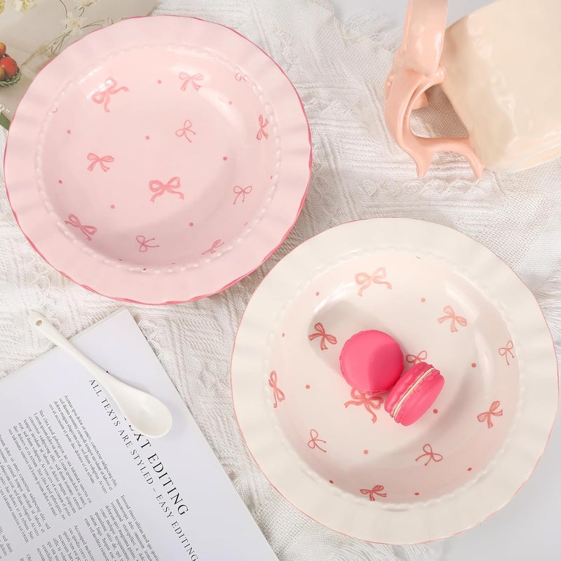 JarThenaAMCS 2Pcs Pink Bow Ceramic Dish White Pink Bow Tie Dinner Plates Cute Coquette Salad Appetizer Plates for Holding Necklaces Earrings Bracelets Decorative Plate Home Restaurant Table Decor  - Image 1