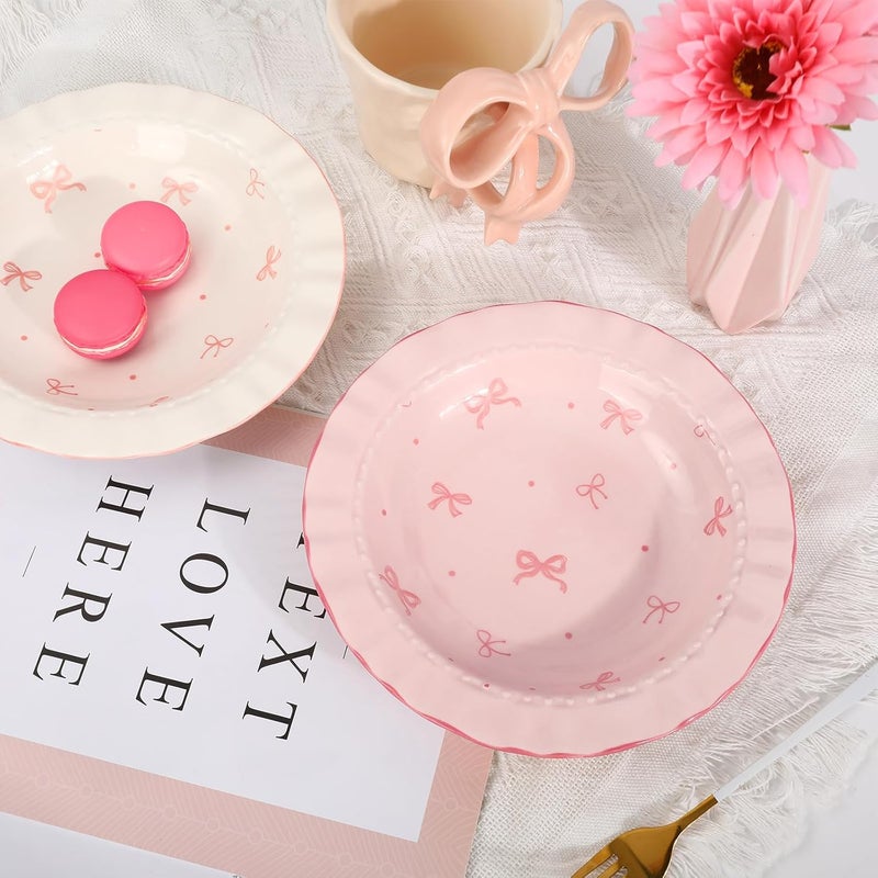 JarThenaAMCS 2Pcs Pink Bow Ceramic Dish White Pink Bow Tie Dinner Plates Cute Coquette Salad Appetizer Plates for Holding Necklaces Earrings Bracelets Decorative Plate Home Restaurant Table Decor  - Image 4