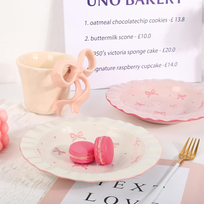 JarThenaAMCS 2Pcs Pink Bow Ceramic Dish White Pink Bow Tie Dinner Plates Cute Coquette Salad Appetizer Plates for Holding Necklaces Earrings Bracelets Decorative Plate Home Restaurant Table Decor  - Image 5