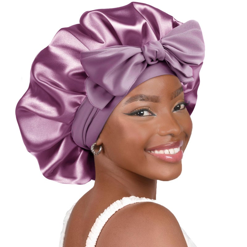 YANIBEST Silk Bonnet for Sleeping Women Adjustable Double Layer Satin Bonnet Reduce Friction Prevent Frizz Natural Curly Hair, Purple - Image 1