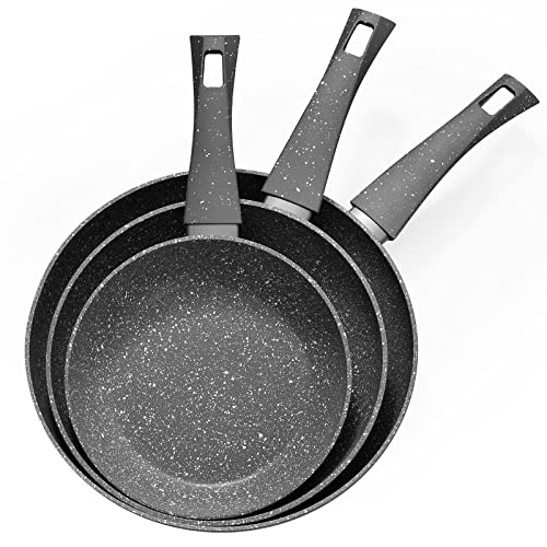 Rainberg 3PK Nonstick Frying Pans Set Professional Chefs Kitchen Cookware 20cm 24cm  28cm Non Toxic Pans for Cooking Granite Frying Pan Nonstick Coating AntiScratch Pans All hobs Compatible