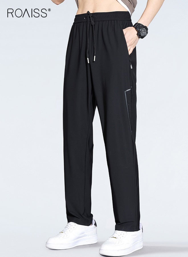 رويس بنطلون رياضي رجالي مستقيم فضفاض، بنطلون سريع الجفاف للرجال، بنطلون رياضي كاجوال من الحرير الجليدي، بنطلون صيفي رفيع ومرن للغاية، بنطلون رياضي أسود مع فتحات تهوية مريحة وسلسلة مفاتيح - Image 1