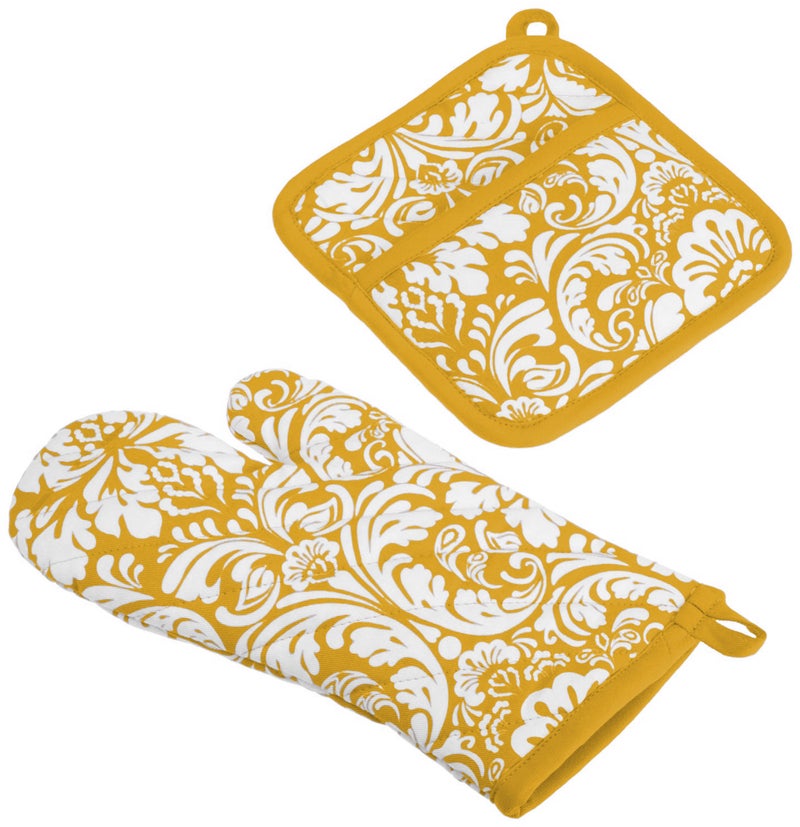 Design Imports DII Mustard Damask Oven Mitt & Potholder Set - Image 1