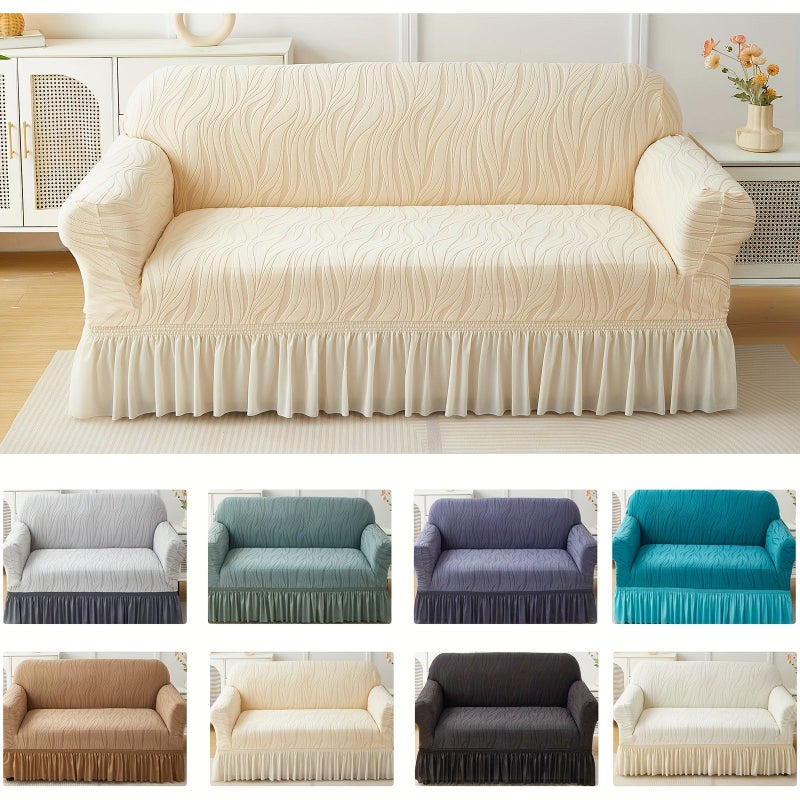 1pc Cream Color Thickened Wavy Jacquard Skirt Style Sofa Cover With Anti Slip Fixing Rod For Four Seater Sofa 92 52 To 116 14 Inch - Image 1