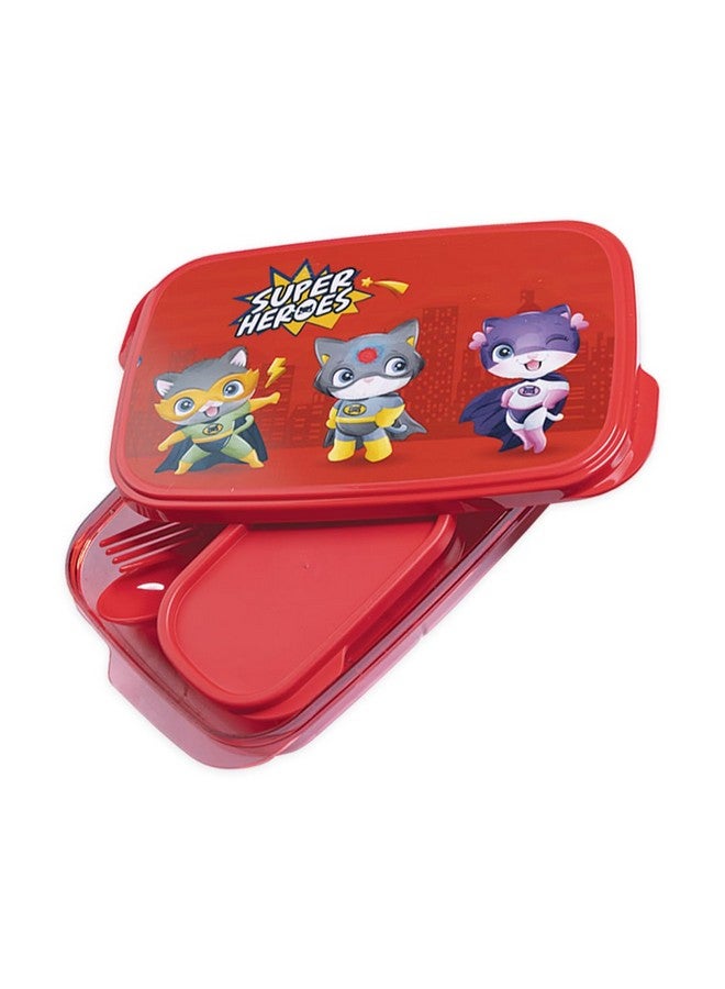 Attro Divine Lunch Box Comes with 1 Small Box and 2 Spoons Adorable Cartoon Lunch Box for Kids, Food Grade & Leak Proof,Compact Design Easy to fit into Any Bag,School Bags, 590ml-Red, Plastic - Image 1
