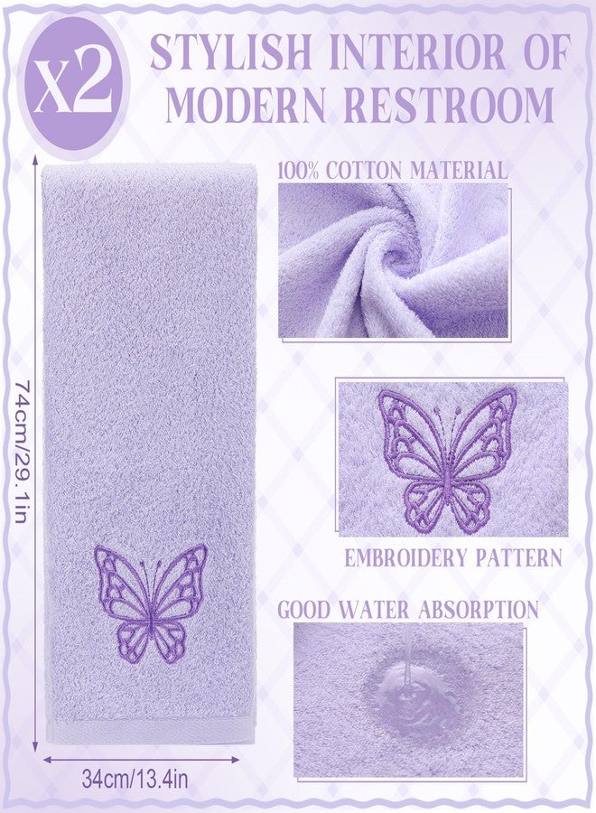 SmoothNovelty 2 Pcs Butterfly Hand Towels Light Purple Bathroom Decor 14x29 Inch Embroidered 100% Cotton Soft Absorbent Spring Summer Washcloths Decorative Hand Towels for Bathroom Kitchen - Image 3