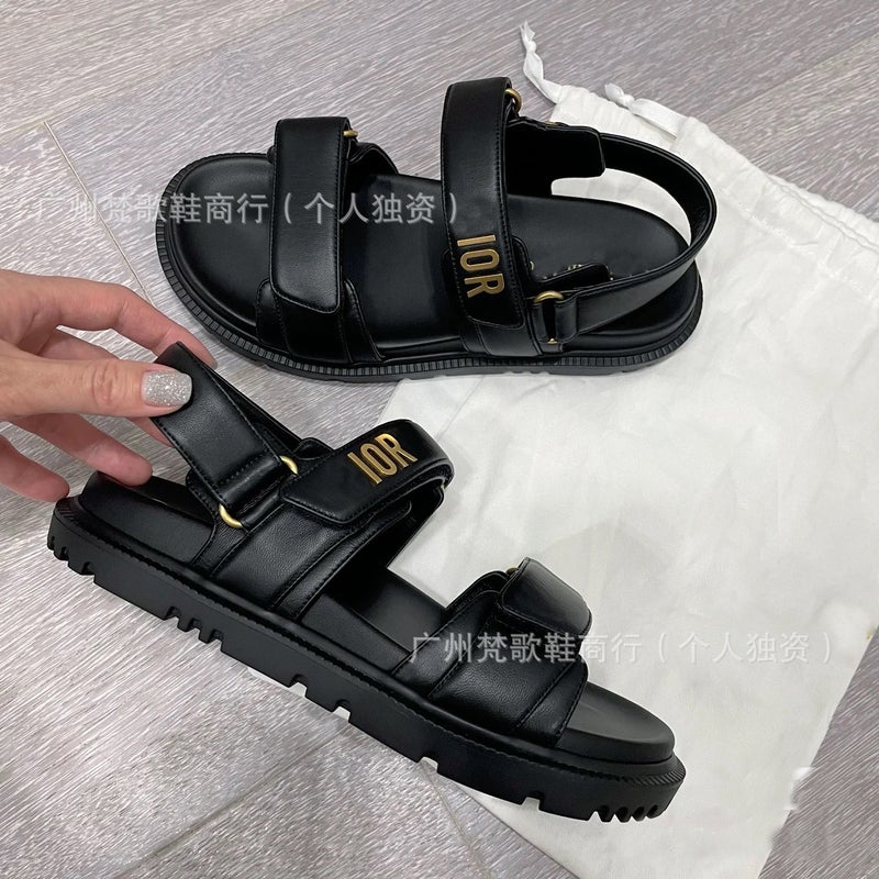 D-Brand Thick Sole Sandals Womens Casual Magic Tape Metallic Letter Buckle Black