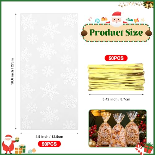 Nelisylux Christmas Cellophane Treat Bags, Christmas Candy bags, 50 Pcs Clear Snowflake Cellophane Gift bag with Ties, Cello Plastic Goodie Snack Cookie Bag for Xmas Winter Holiday Goody Party Favors Supplies - Image 3