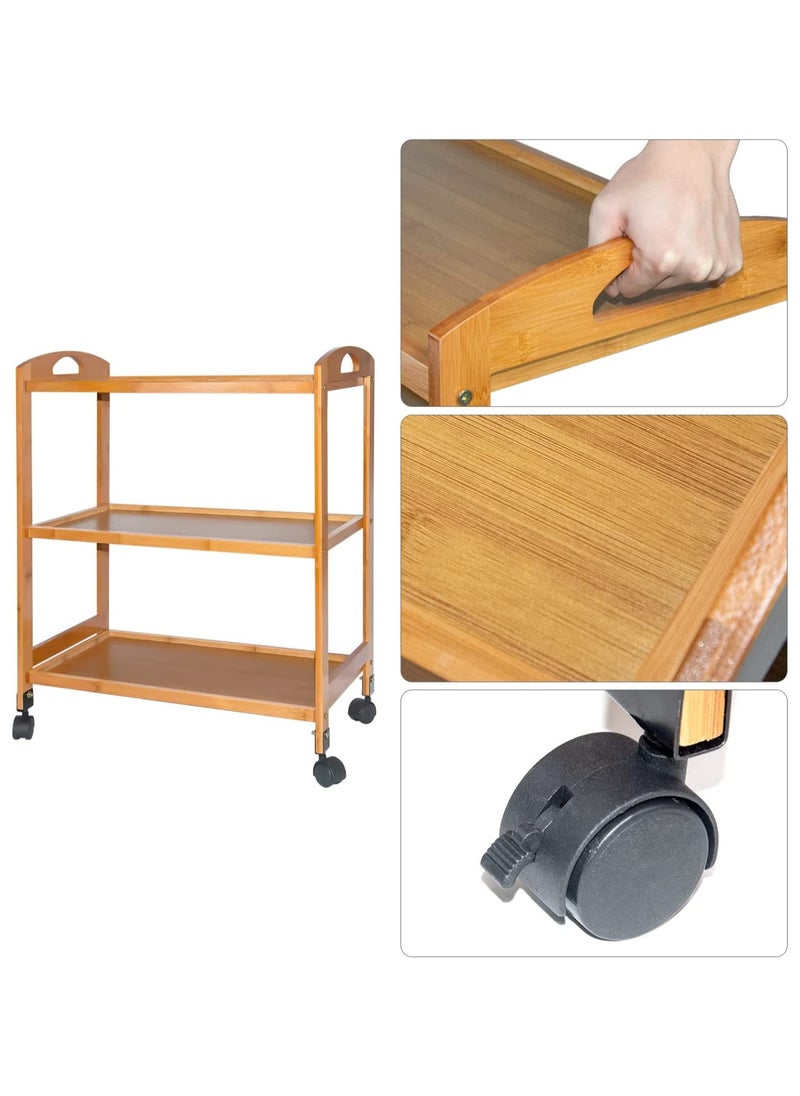 LINGWEI Food Serving Trolly Bamboo Cart with Movable Wheels Kitchen Island Cart with Handle Utility Cart Wooden Food Serving Trolly Kitchen Storage Organizer Rolling Cart  - Image 4