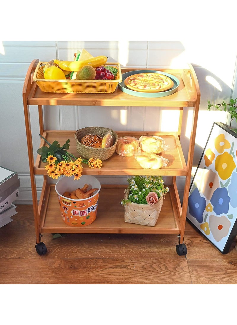 LINGWEI Food Serving Trolly Bamboo Cart with Movable Wheels Kitchen Island Cart with Handle Utility Cart Wooden Food Serving Trolly Kitchen Storage Organizer Rolling Cart  - Image 3