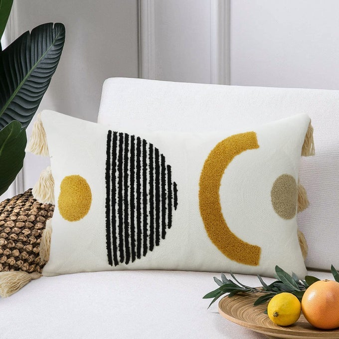 BOHO LUMBAR THROW PILLOW COVER 12X20 BOHEMIAN TUFTED DECORATIVE PILLOW COVERS WITH TASSELS MID CENTURY MODERN AESTHETIC THROW PILLOW CASE FOR COUCH SOFA BEDROOM LIVING ROOM