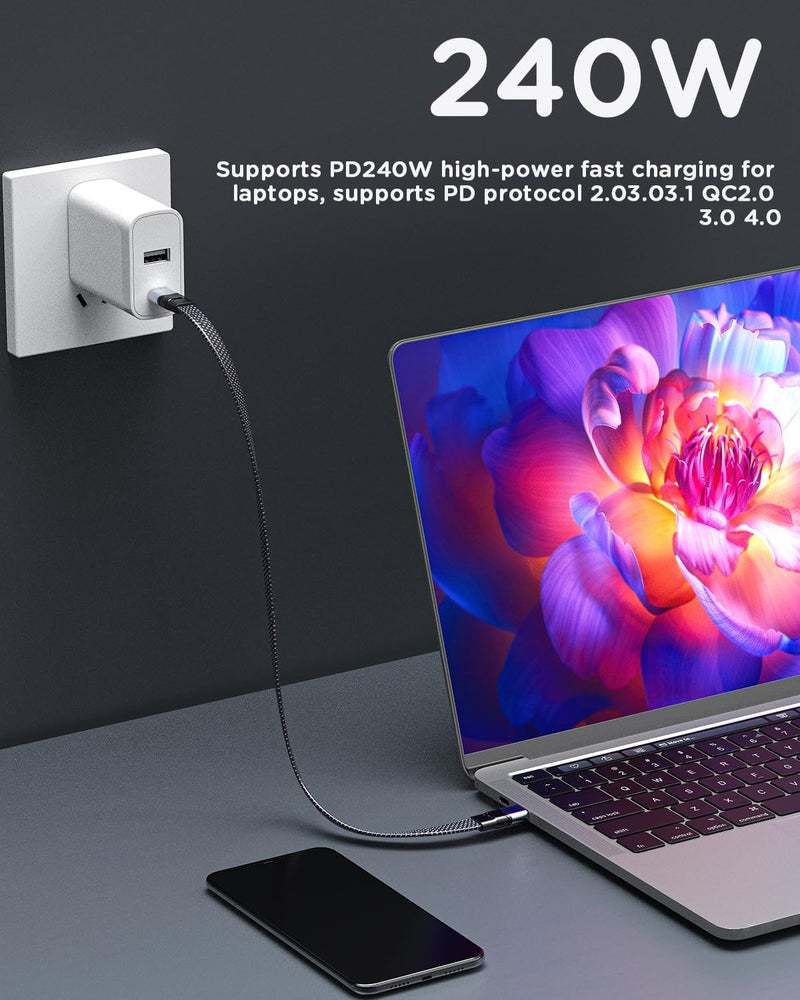 TERRIFI كابل USB-C إلى USB-C قصير مسطح بطول 20 سم/8 بوصة، كابل من نوع TYPE-C إلى C مع نقل بيانات بسرعة 40 جيجابت في الثانية وشحن سريع بقدرة 240 واط PD ودقة 8K@60Hz، متوافق مع iPhone 15 Pro Max وأقراص SSD الخارجية وأجهزة MacBook وiPad - Image 4