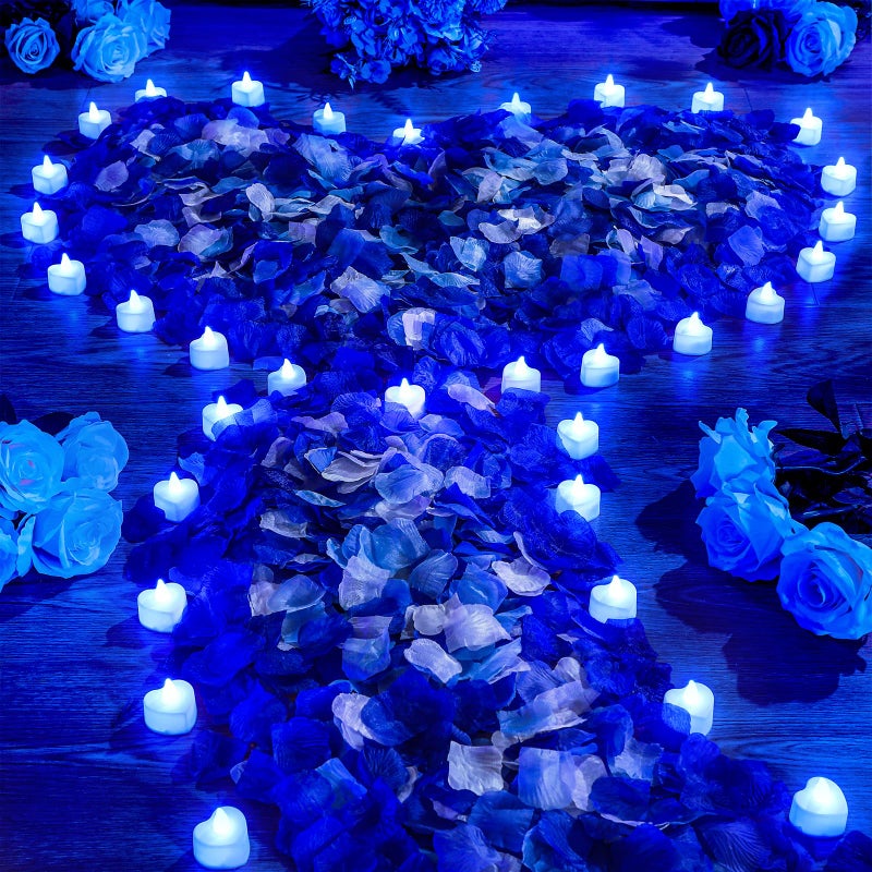 VIHOSE 4000 Pcs Artificial Rose Petals with 24 Pcs LED Tea Lights Candles Flameless LED Candles Fake Rose Petals for Wedding Birthday Party(Blue Light, Vivid Color Petal) - Image 1