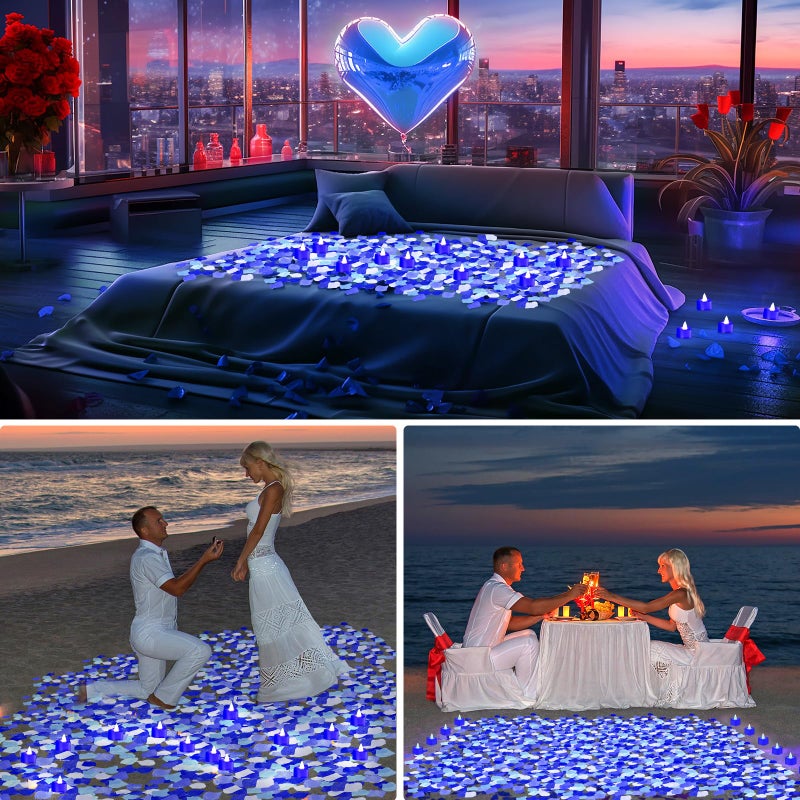VIHOSE 4000 Pcs Artificial Rose Petals with 24 Pcs LED Tea Lights Candles Flameless LED Candles Fake Rose Petals for Wedding Birthday Party(Blue Light, Vivid Color Petal) - Image 5