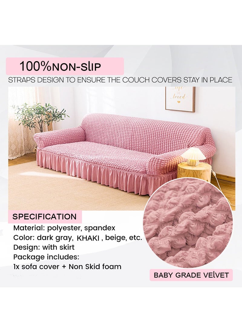 Arabest Sofa Cover One Piece Easy Fit Stretch Couch Cover with Skirt Durable Washable High Elastic Stretchable Universal Furniture Protector for Pets Kids (Pink, 2 Seats)  - Image 3
