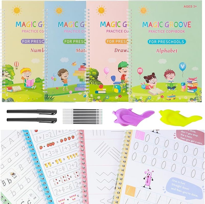 Large Magic Ink Copybook for Kids, 4 Pack Reusable Magical Handwriting Workbooks with Handwriting Aid Magic Pen Grooves Template Design for Kids Ages 3-8 (18.5 x26cm)