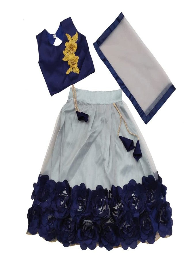 SR CREATION Girl's Heavy Bright Net & Ribbon Embroidery Readymade Lehenga Choli & Dupatta Set (Grey 3-4 YEARS) - Image 1