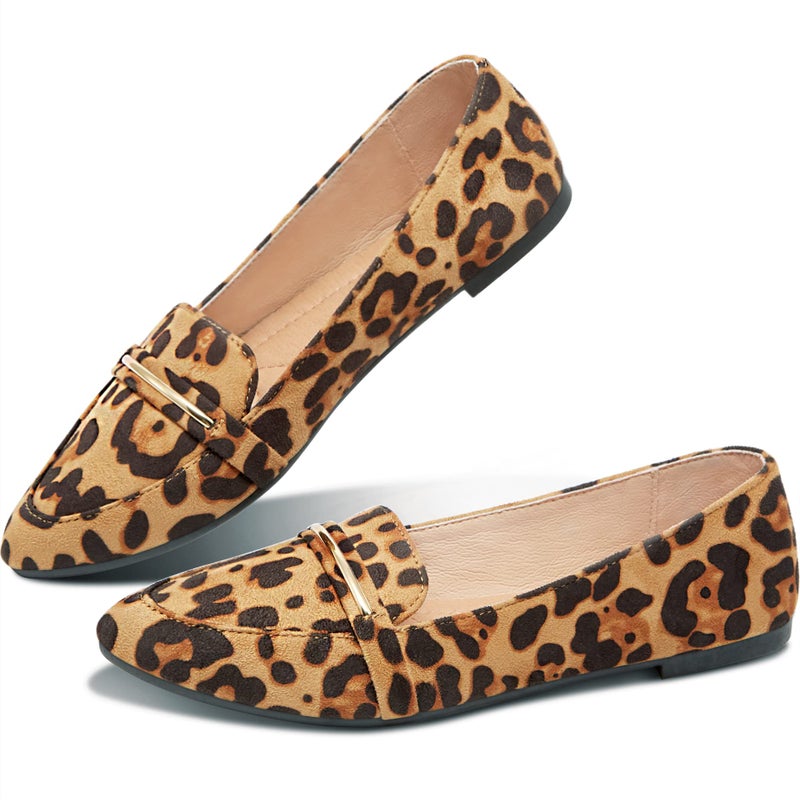 Obtaom Women's Pointy Toe Loafer Flat Comfortable Faux Suede Work Shoes,Cute Penny Loafer Slip On Ballet Flat(Leopard Print,US11) - Image 1