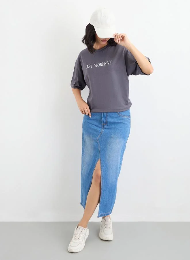 ستايلي Styli Women Charcoal Graphic Print Oversized T-Shirt