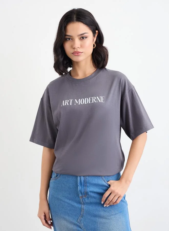 Styli Women Charcoal Graphic Print Oversized T-Shirt
