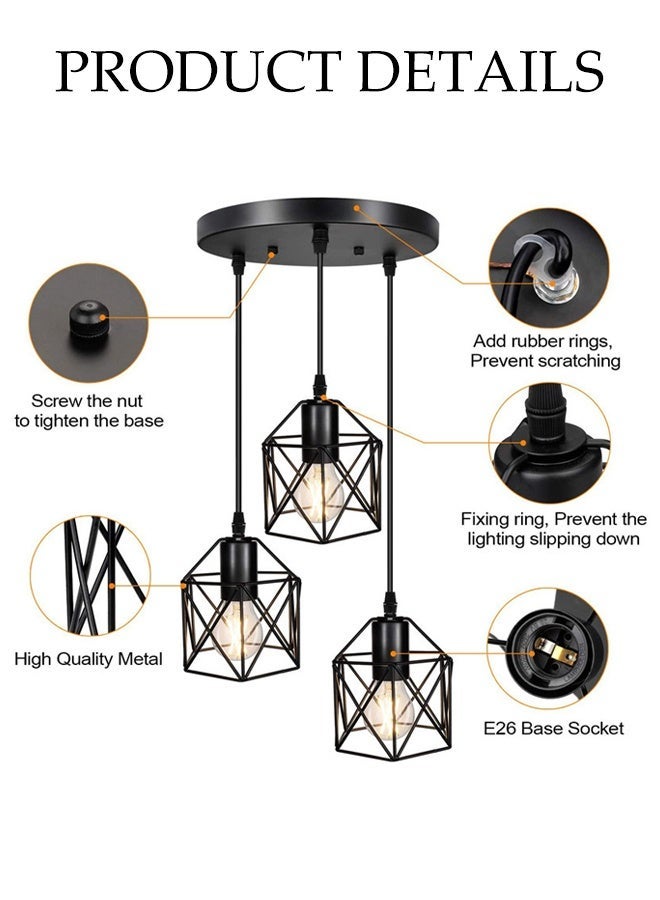 DUNISO Industrial Pendant Light, Vintage 3 Head Pendant Light, Adjustable Ceiling Black Pendant Light Fixture, Creative Hexagon Metal Cage Design with E26 Bulbs, Suitable for Kitchen Island Bedroom Dining Room Living Room - Image 3