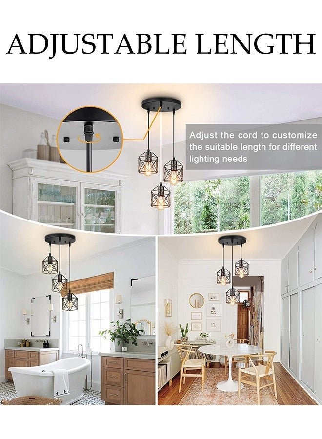 DUNISO Industrial Pendant Light, Vintage 3 Head Pendant Light, Adjustable Ceiling Black Pendant Light Fixture, Creative Hexagon Metal Cage Design with E26 Bulbs, Suitable for Kitchen Island Bedroom Dining Room Living Room - Image 4