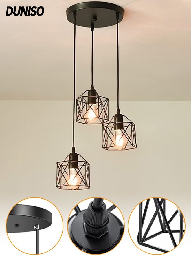 DUNISO Industrial Pendant Light, Vintage 3 Head Pendant Light, Adjustable Ceiling Black Pendant Light Fixture, Creative Hexagon Metal Cage Design with E26 Bulbs, Suitable for Kitchen Island Bedroom Dining Room Living Room - Image 1