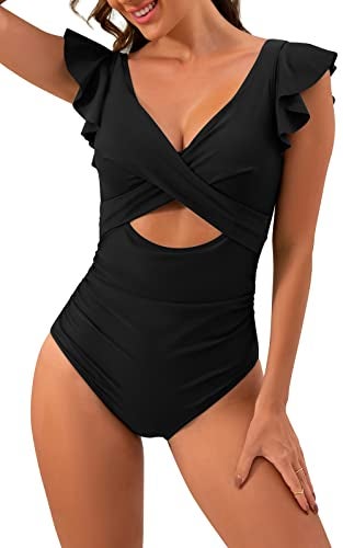 B2prity Women's One Piece Swimsuit Ruffle Cutout Bathing Suits Slimming Tummy Control V Neck Wrap Swimwear Black - Image 1