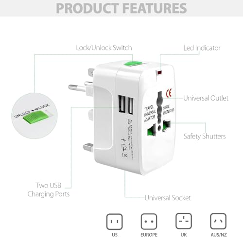 Pivalo Universal Travel Adapter with All in one Multipurpose Power Plug Portable International Travelling 150+ Countries (Dual USB Adapter) - Image 2
