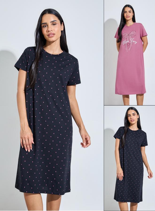 ستايلي طقم قميص نوم تيشرت بأكمام قصيرة وطبعة - عبوة من قطعتين - Image 1