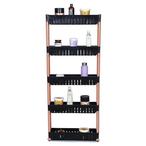 FLIPZON Slim Rolling Storage Rack – 5-Tiered Shelf Plastic Slide-Out Organizer | Space-Saving, Multipurpose | for Kitchen, Bathroom, Laundry, Pantry & Utility Storage | Floor Standing | Black & Brown - Image 2