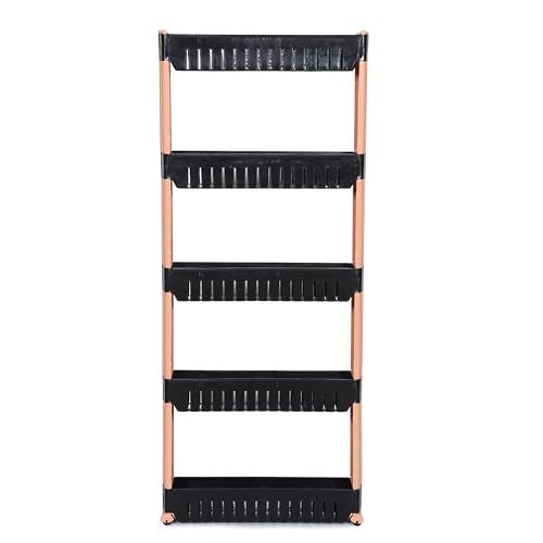 FLIPZON Slim Rolling Storage Rack – 5-Tiered Shelf Plastic Slide-Out Organizer | Space-Saving, Multipurpose | for Kitchen, Bathroom, Laundry, Pantry & Utility Storage | Floor Standing | Black & Brown - Image 3