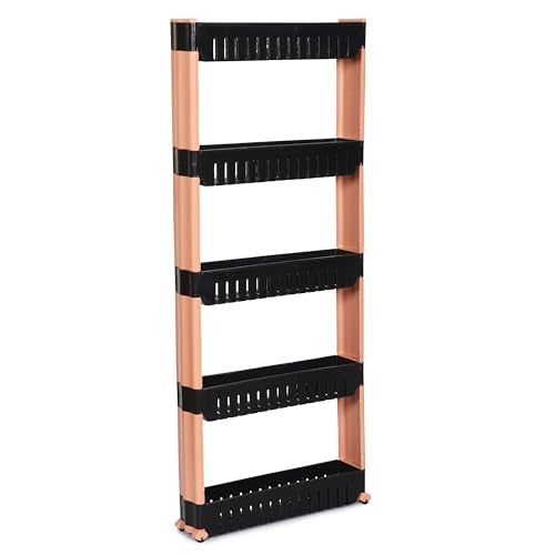 FLIPZON Slim Rolling Storage Rack – 5-Tiered Shelf Plastic Slide-Out Organizer | Space-Saving, Multipurpose | for Kitchen, Bathroom, Laundry, Pantry & Utility Storage | Floor Standing | Black & Brown - Image 5