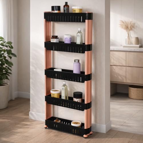 FLIPZON Slim Rolling Storage Rack – 5-Tiered Shelf Plastic Slide-Out Organizer | Space-Saving, Multipurpose | for Kitchen, Bathroom, Laundry, Pantry & Utility Storage | Floor Standing | Black & Brown - Image 1