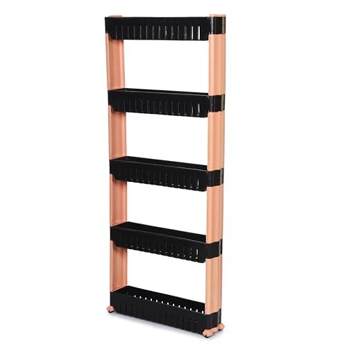 FLIPZON Slim Rolling Storage Rack – 5-Tiered Shelf Plastic Slide-Out Organizer | Space-Saving, Multipurpose | for Kitchen, Bathroom, Laundry, Pantry & Utility Storage | Floor Standing | Black & Brown - Image 4