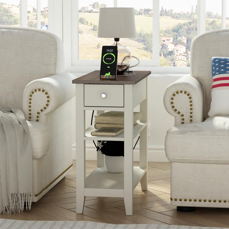 ChooChoo Farmhouse End Table with Charging Station, Narrow Side Table Living Room with USB Ports & Power Outlets and Hidden Drawer,White and Brown - Image 2