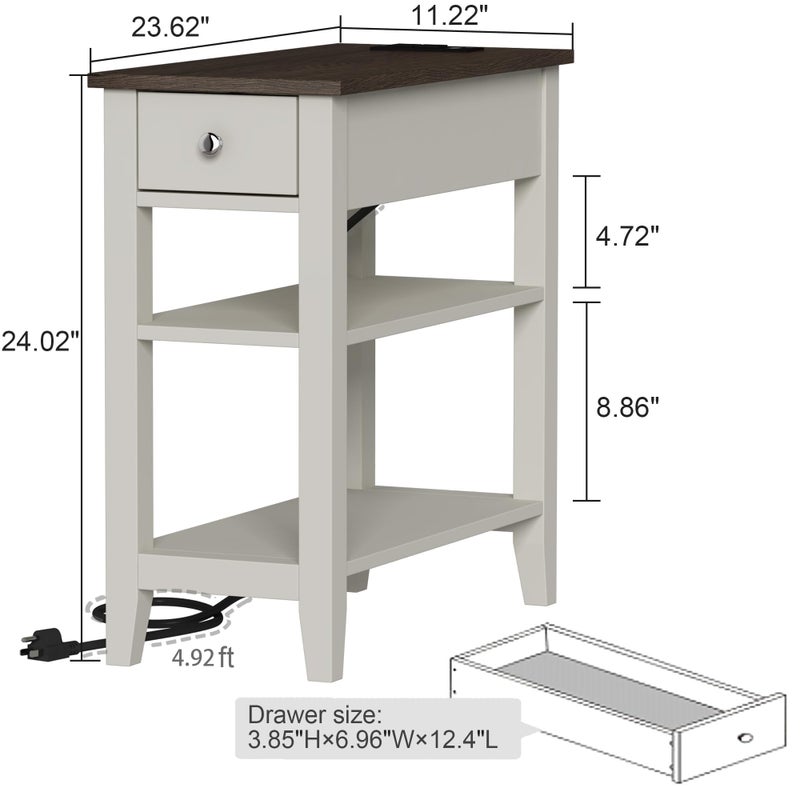 ChooChoo Farmhouse End Table with Charging Station, Narrow Side Table Living Room with USB Ports & Power Outlets and Hidden Drawer,White and Brown - Image 5