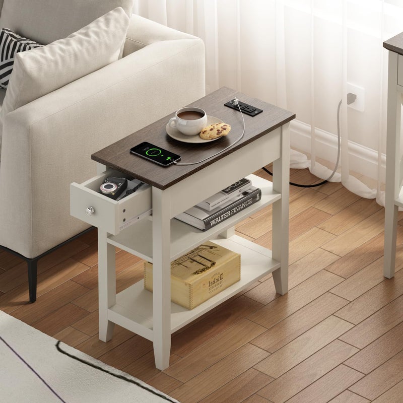 ChooChoo Farmhouse End Table with Charging Station, Narrow Side Table Living Room with USB Ports & Power Outlets and Hidden Drawer,White and Brown - Image 1