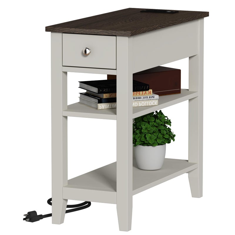 ChooChoo Farmhouse End Table with Charging Station, Narrow Side Table Living Room with USB Ports & Power Outlets and Hidden Drawer,White and Brown - Image 4