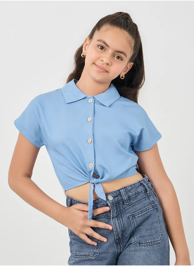 ستايلي Styli Solid Spread Collar Tie-Up Crop Shirt