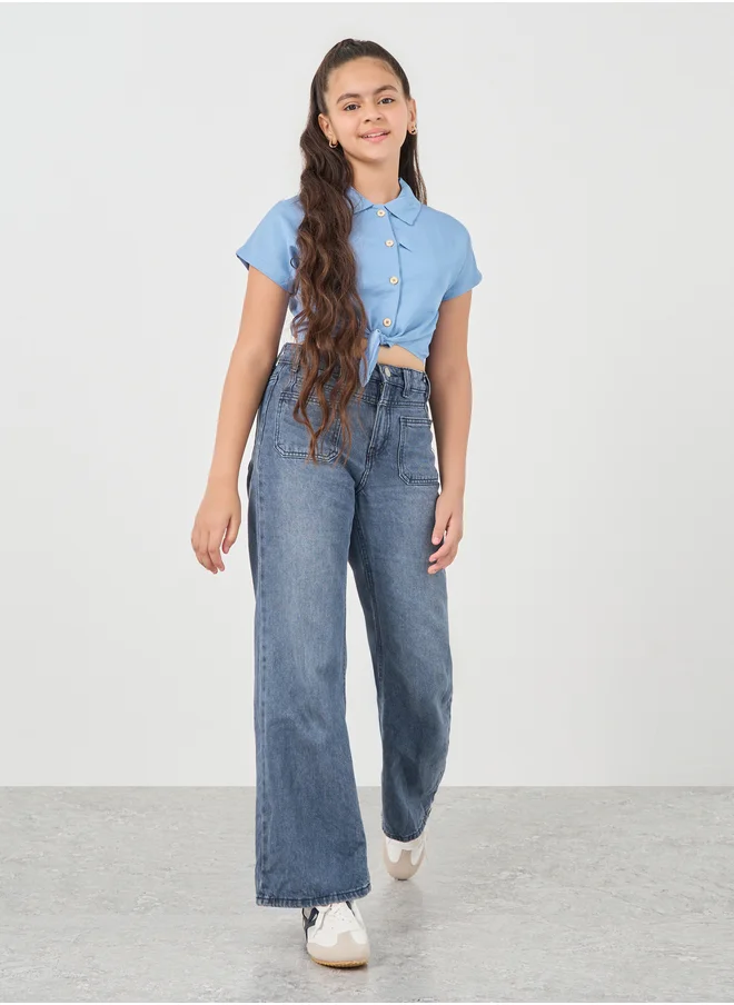 ستايلي Styli Solid Spread Collar Tie-Up Crop Shirt