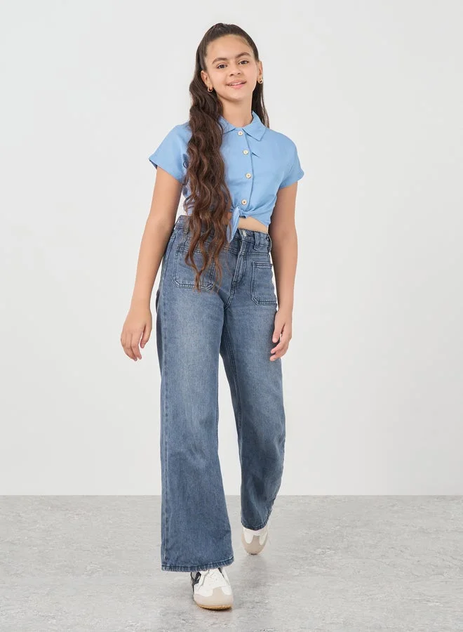 Styli Solid Spread Collar Tie-Up Crop Shirt
